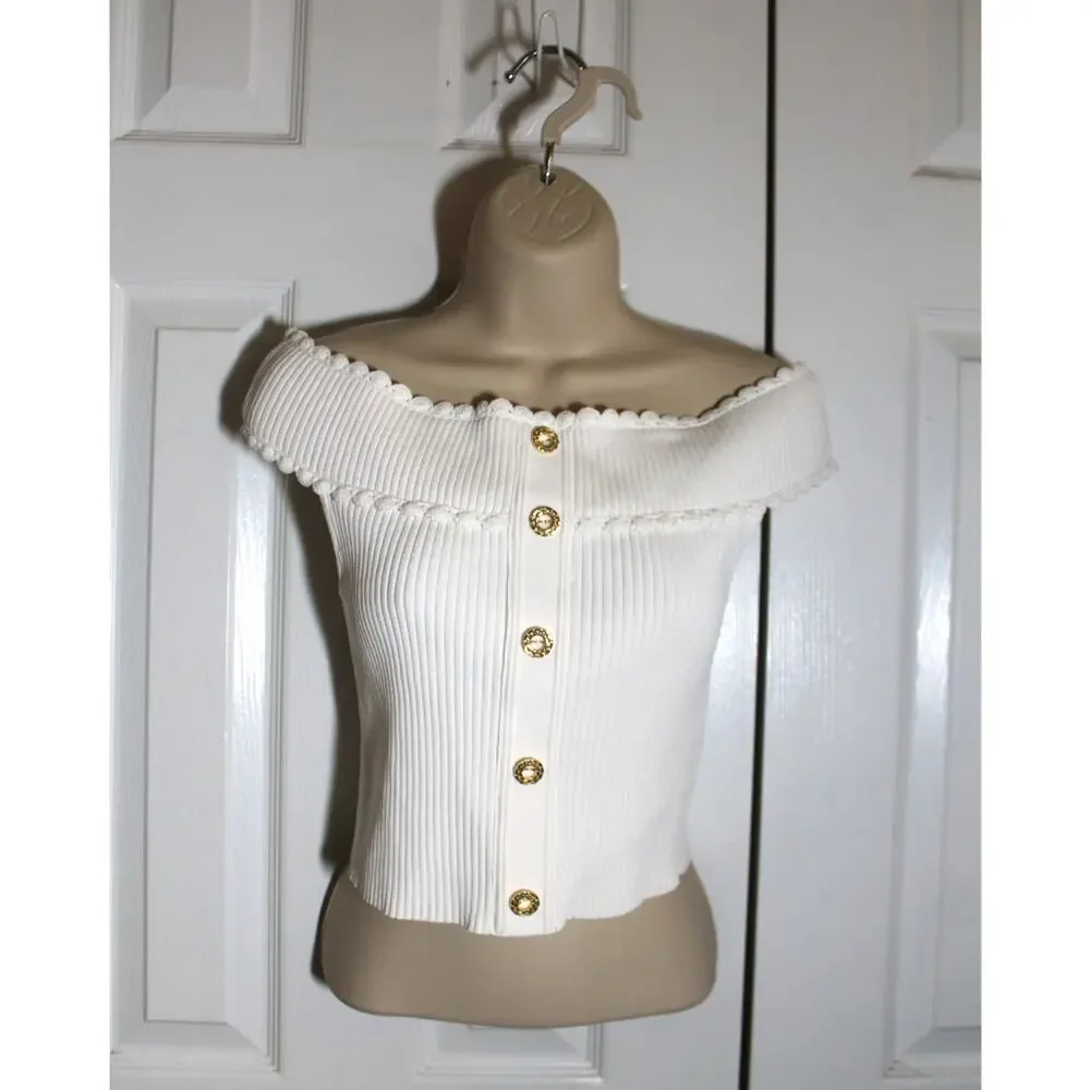 Sandro White Rib Knit Off the Shoulder Crop Top w/ Gold Buttons sz 2 (M) - Picture 2 of 4